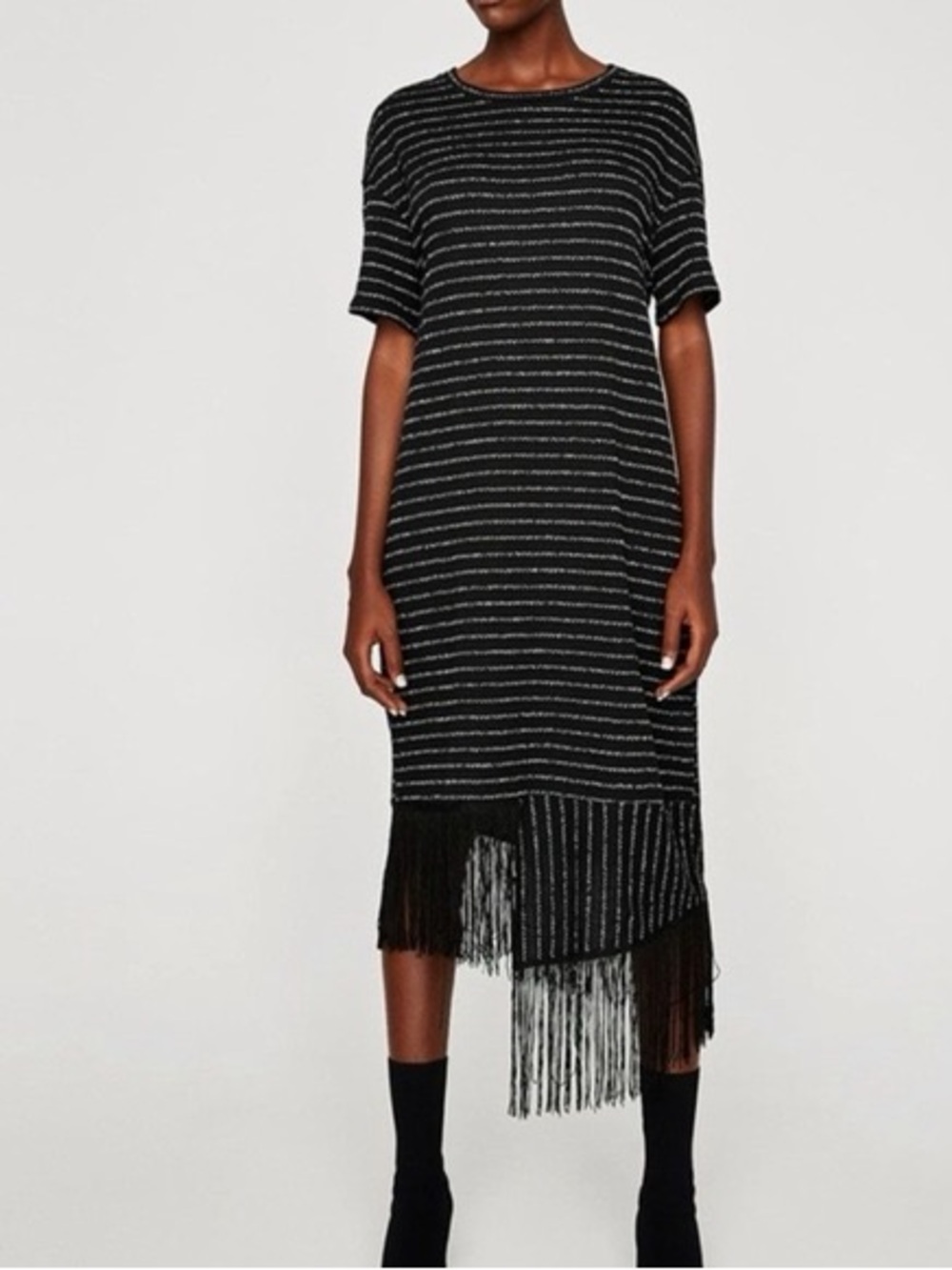 Zara Black Striped Fringe-Hem Midi Dress